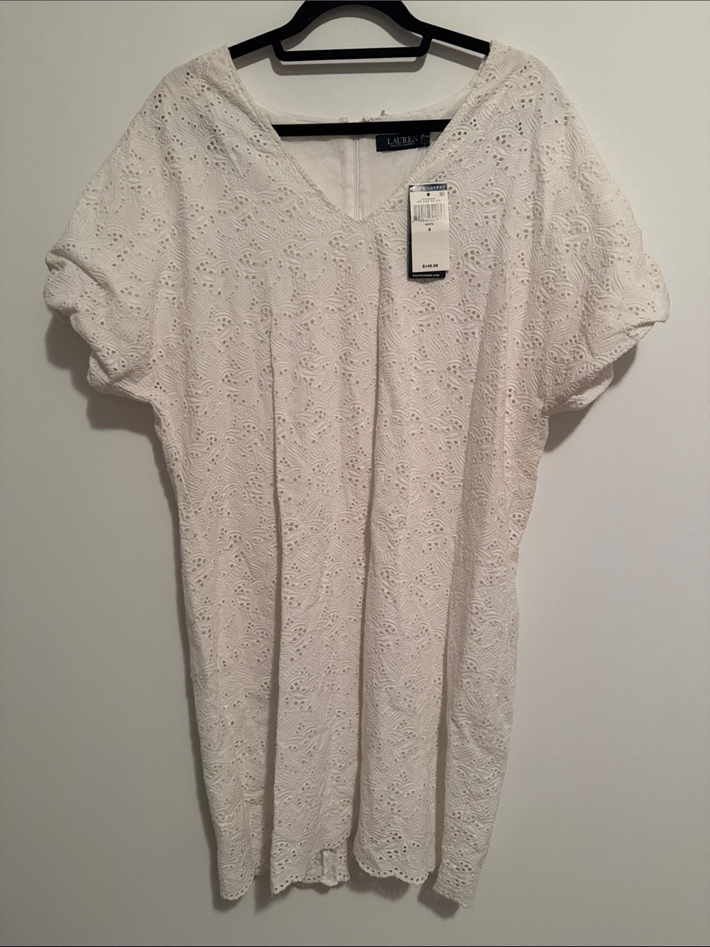 NWT Lauren Ralph Lauren White Eyelet V-Neck Shift Dress - makeup stain - Picture 1 of 7